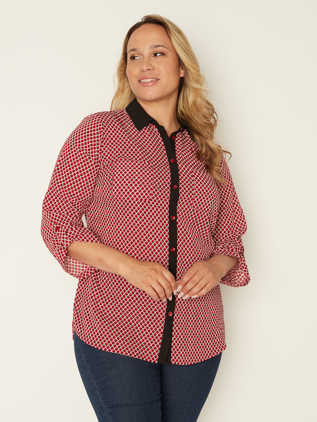3/4-sleeve semi-fitted tunic length blouse with buttons