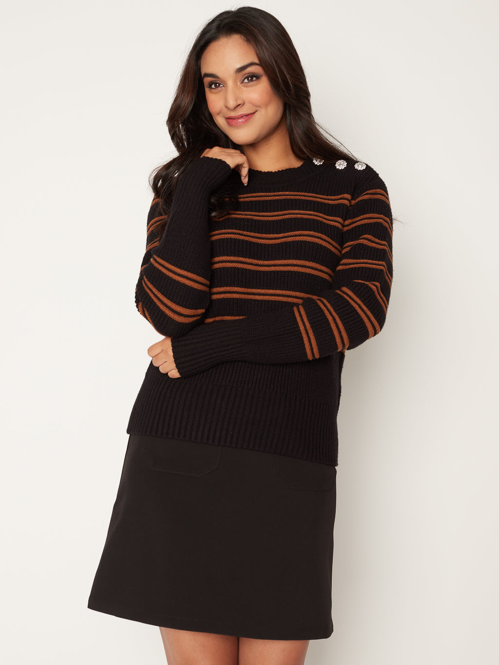 Striped knit pullover with buttons